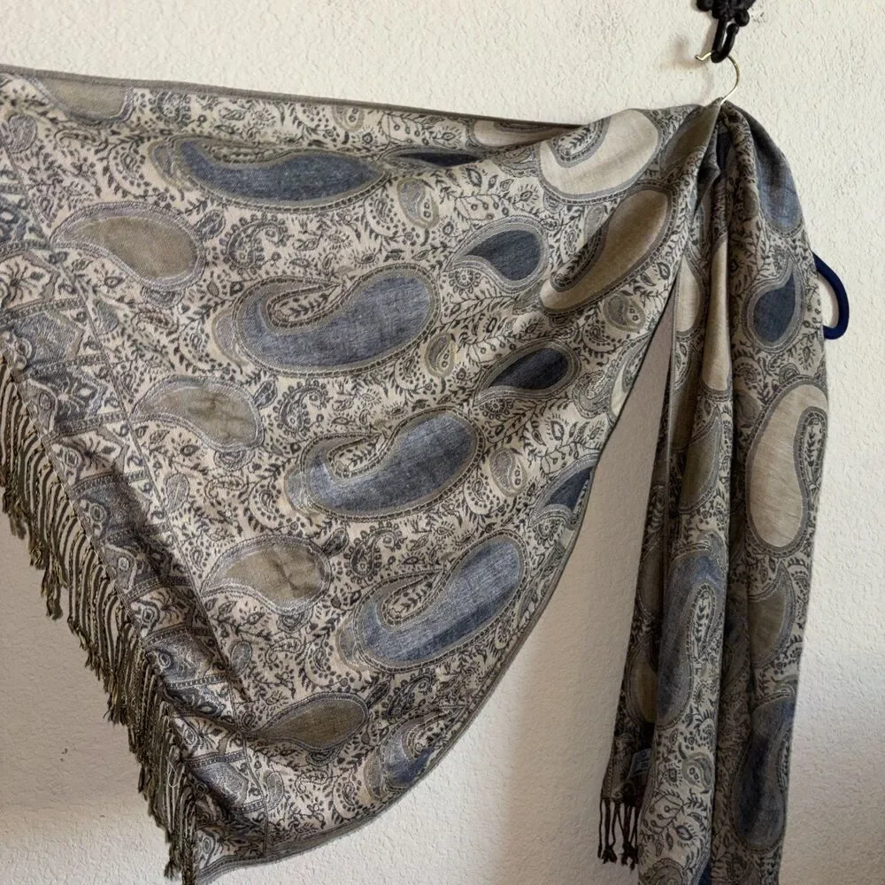 Silk Cashmere Scarf Wrap Shawl Paisley Floral Boho Wrap 28x74 Wide Fringe